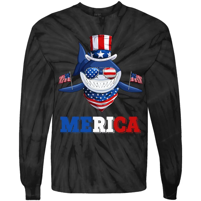 Funny Merica Shark American Flag Indepedence Day July 4th Tie-Dye Long Sleeve Shirt