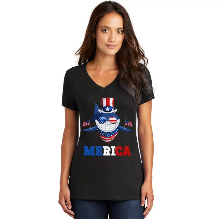 Funny Merica Shark American Flag Indepedence Day July 4th Women's V-Neck T-Shirt