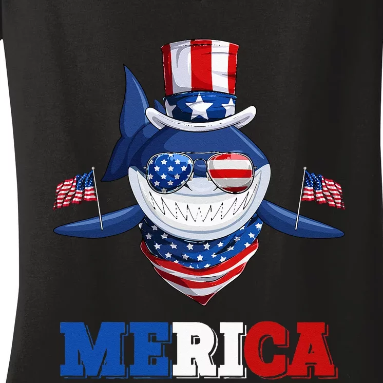 Funny Merica Shark American Flag Indepedence Day July 4th Women's V-Neck T-Shirt