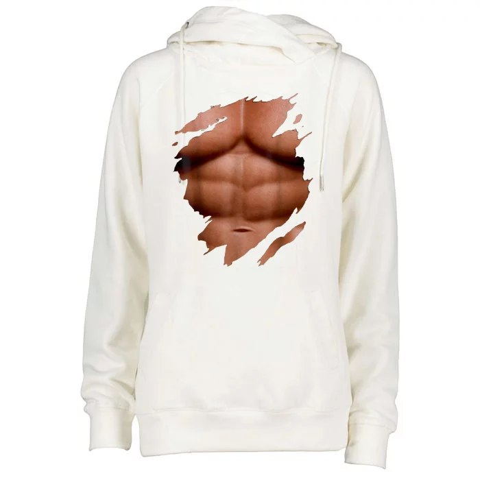 Fake Muscles Six Pack Abs Ripped Chest Fake Bodybuilding Womens Funnel Neck Pullover Hood