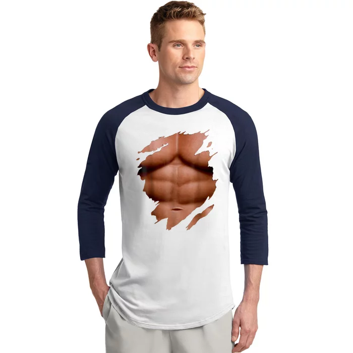 Fake Muscles Six Pack Abs Ripped Chest Fake Bodybuilding Baseball Sleeve Shirt