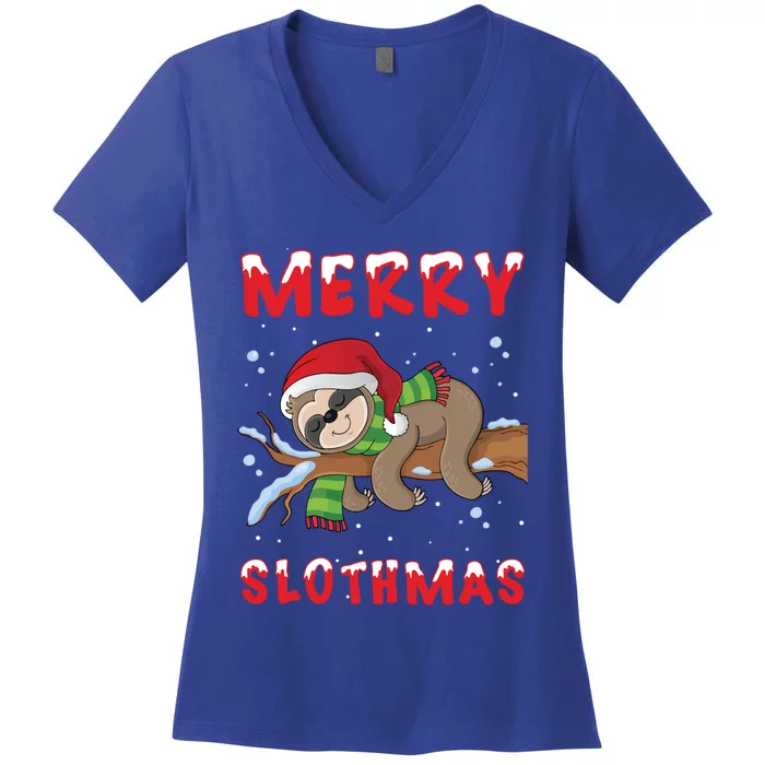 Funny Merry Slothmas Cute Sloth Lover Christmas Pajamas Cool Gift Women's V-Neck T-Shirt