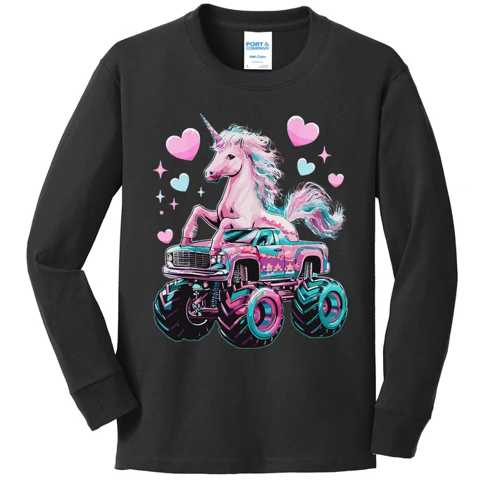 Funny Monster Truck Unicorn Girl Birthday Party Monster Truck Gift Kids Long Sleeve Shirt