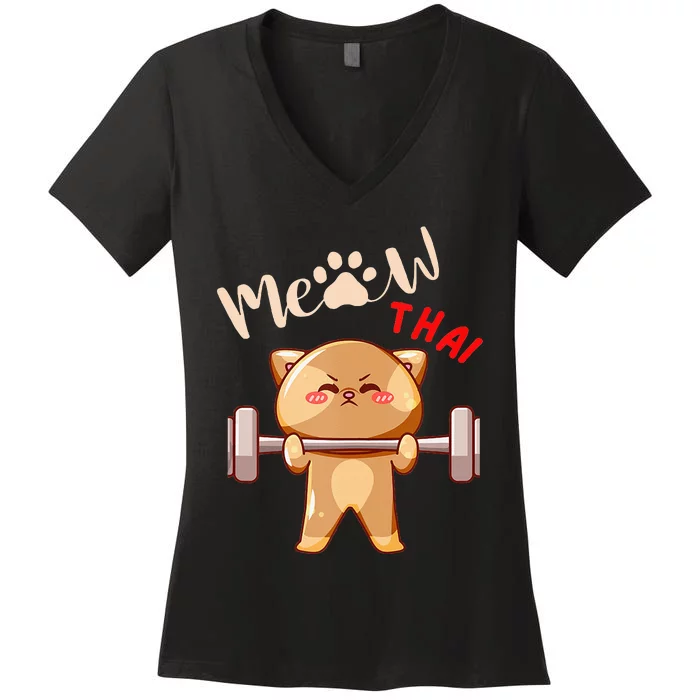 Funny Meow Thai Design For Thai Weightlifting Sport Lovers Women's V-Neck T-Shirt