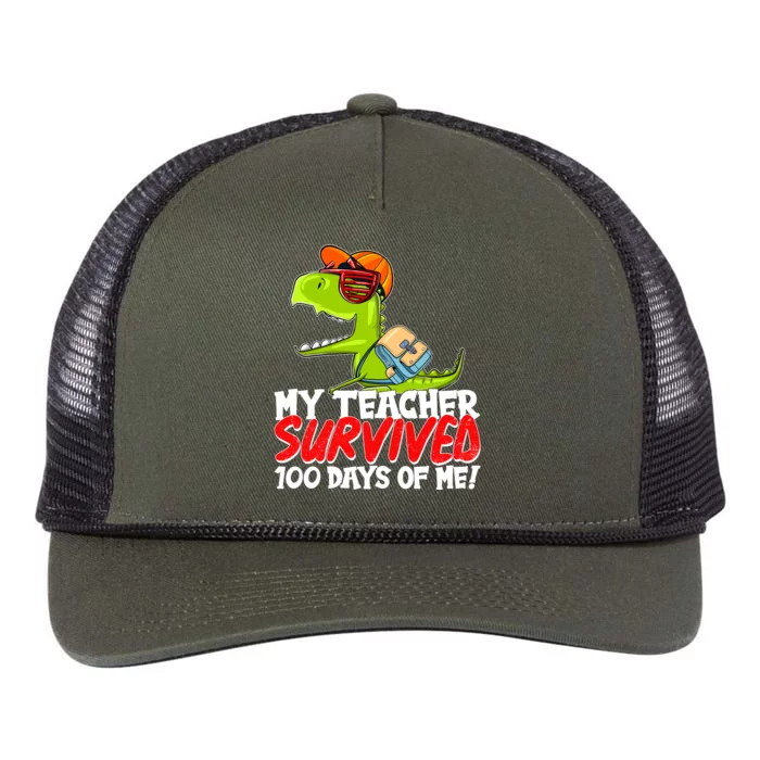 Funny My Teacher Survived 100 Days Of Me Trex Dinosaur Retro Rope Trucker Hat Cap