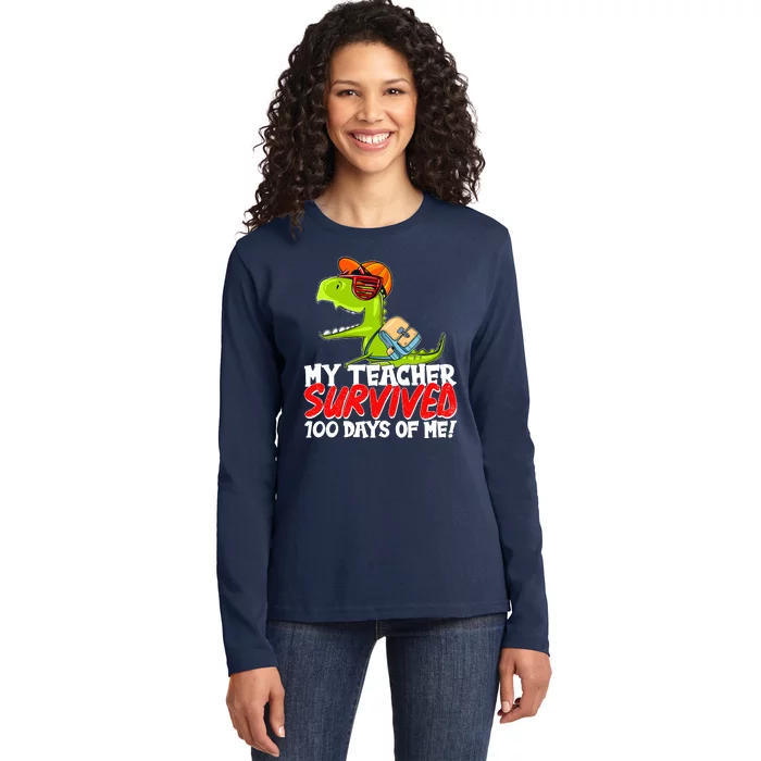 Funny My Teacher Survived 100 Days Of Me Trex Dinosaur Ladies Long Sleeve Shirt