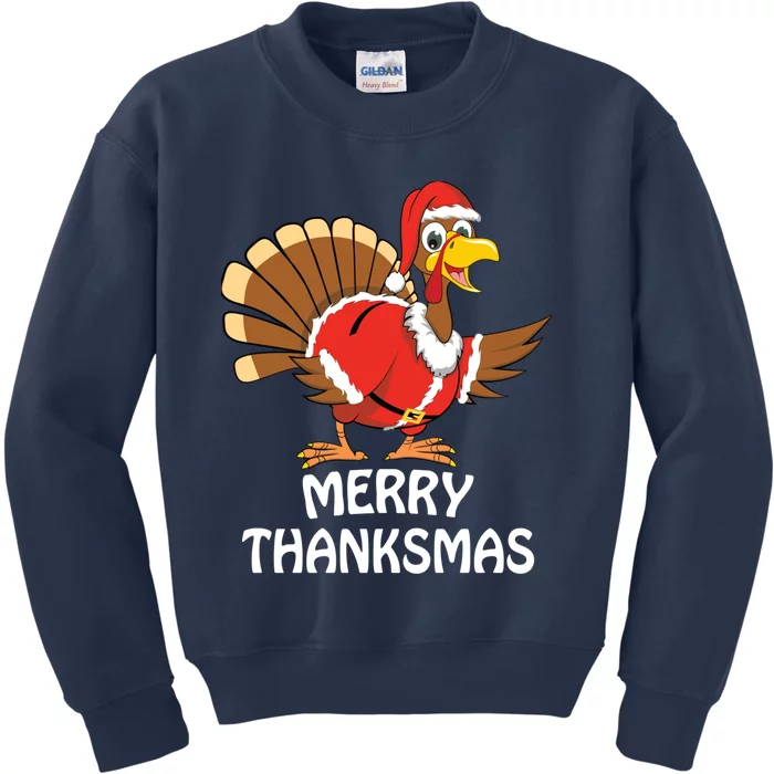 Funny Merry Thanksmas Happy Thanksgiving Merry Christmas Kids Sweatshirt