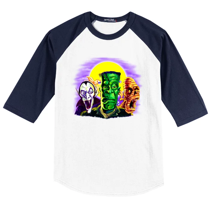 Frankenstein Mummy Three Monsters Baseball Sleeve Shirt