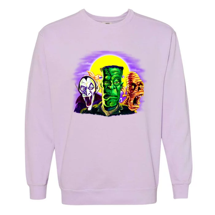 Frankenstein Mummy Three Monsters Garment-Dyed Sweatshirt