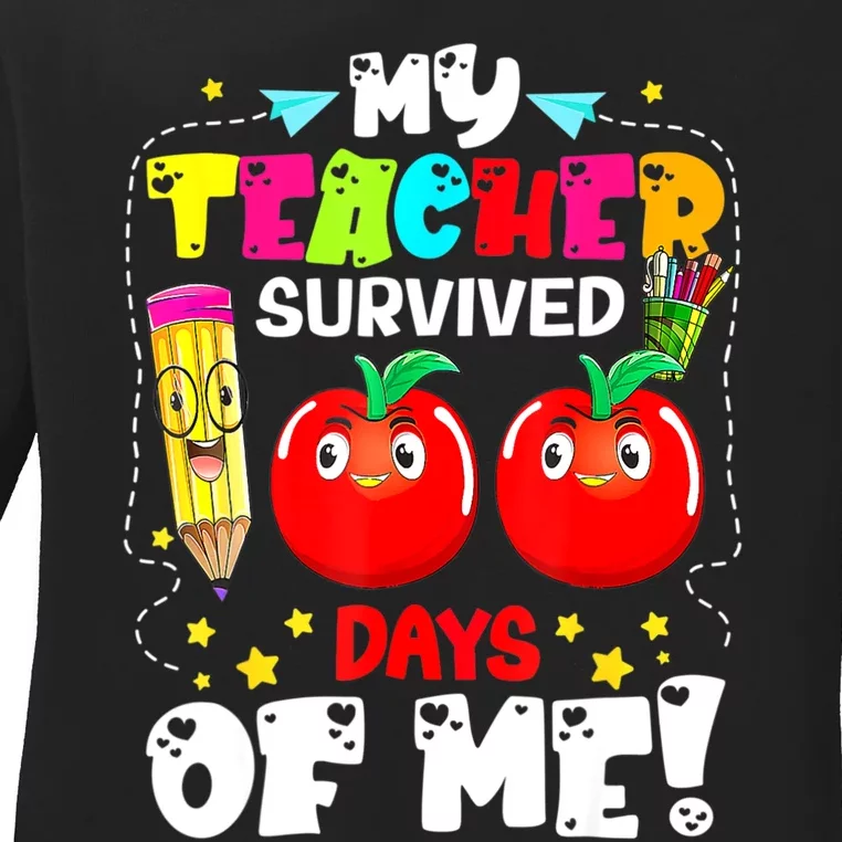 Funny My Teacher Survived 100 Days Of Me Teacher Students Ladies Long Sleeve Shirt