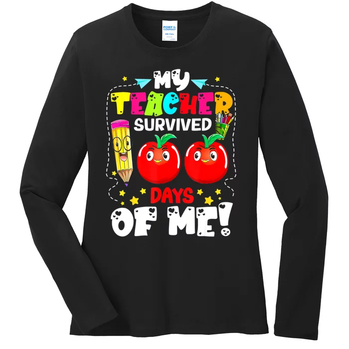 Funny My Teacher Survived 100 Days Of Me Teacher Students Ladies Long Sleeve Shirt