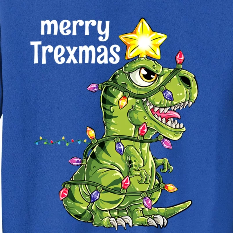 Funny Merry Trexmas Dinosaur Tree Rex With Christmas Lights Gift Tall Sweatshirt