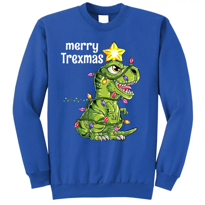 Funny Merry Trexmas Dinosaur Tree Rex With Christmas Lights Gift Tall Sweatshirt