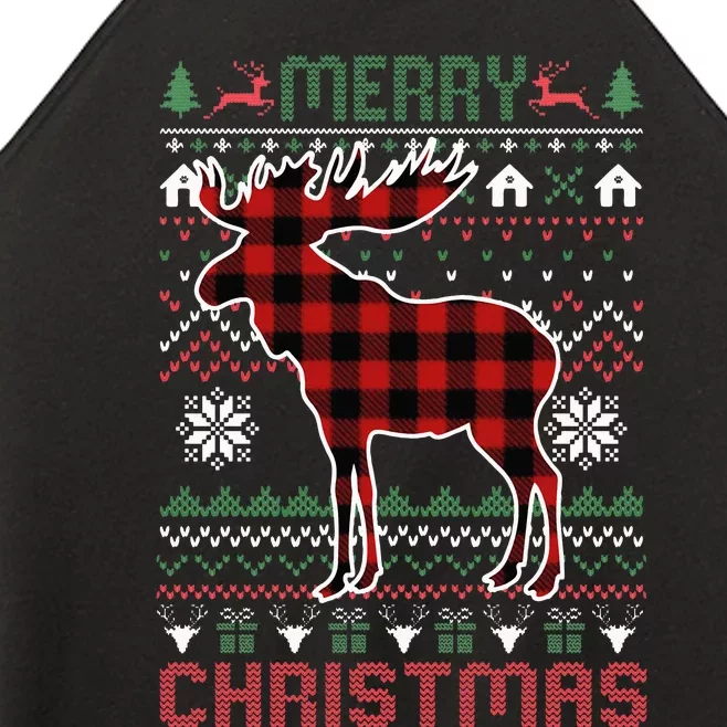 Funny Moose Ugly Christmas Red Plad Lights Sweater Women’s Perfect Tri Rocker Tank