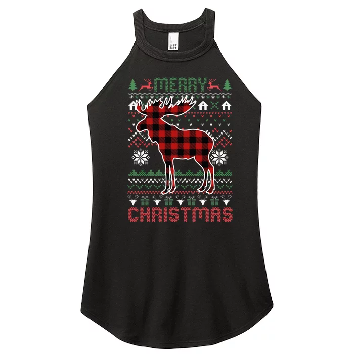 Funny Moose Ugly Christmas Red Plad Lights Sweater Women’s Perfect Tri Rocker Tank