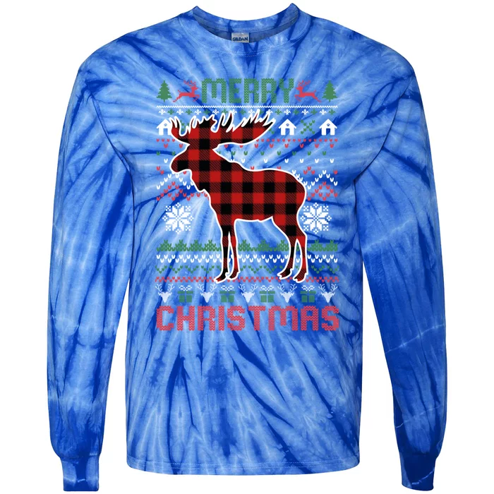 Funny Moose Ugly Christmas Red Plad Lights Sweater Gift Tie-Dye Long Sleeve Shirt