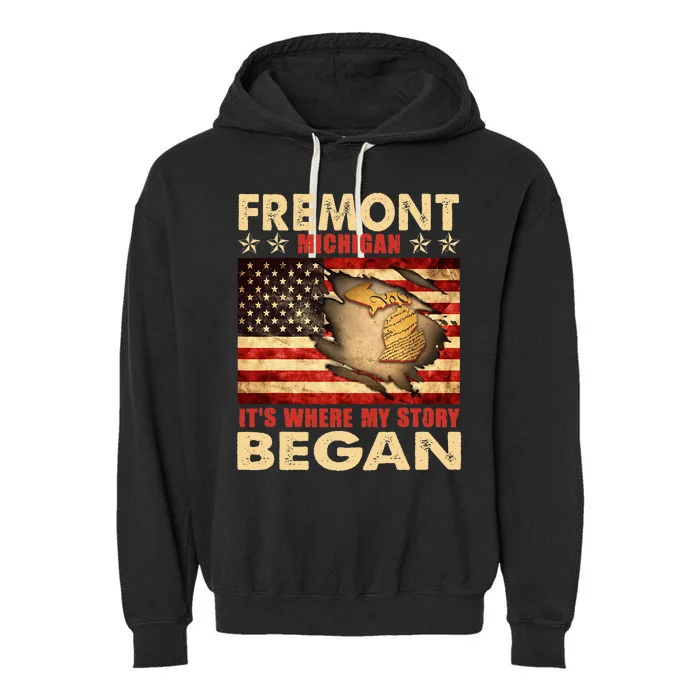 Fremont Michigan Usa Flag Garment-Dyed Fleece Hoodie