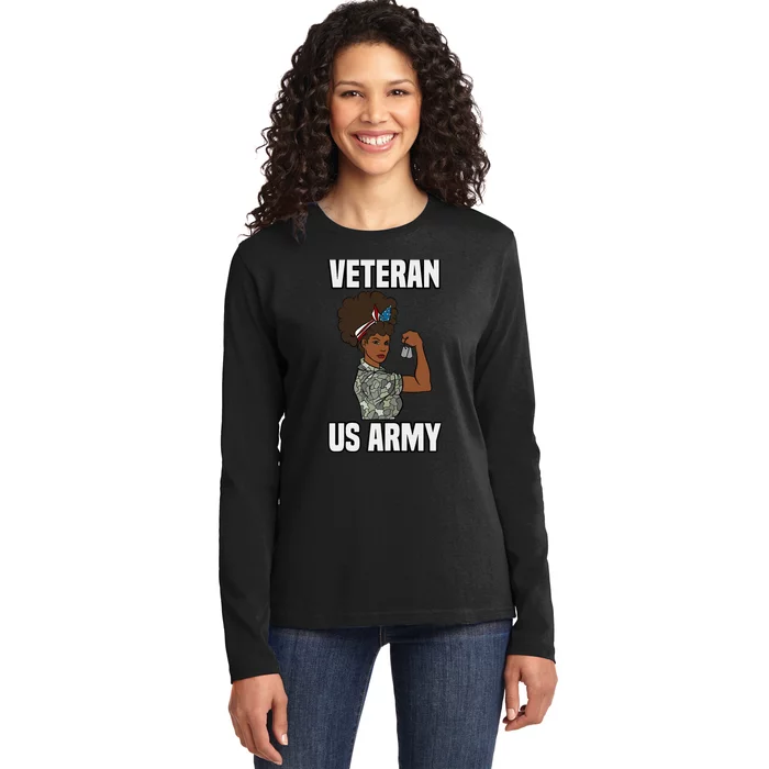 Female Melanin Veteran of the US Army Soldier Veterans Day Ladies Long Sleeve Shirt