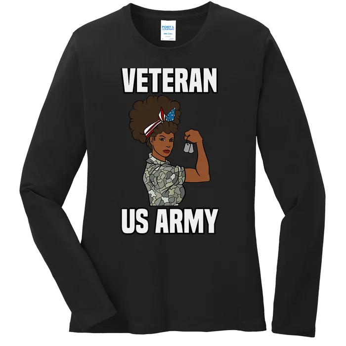 Female Melanin Veteran of the US Army Soldier Veterans Day Ladies Long Sleeve Shirt