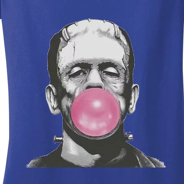 Frankenstein Monster With Pink Bubblegum Bubble Women's V-Neck T-Shirt