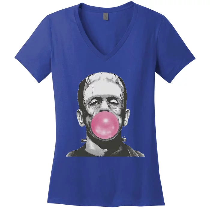 Frankenstein Monster With Pink Bubblegum Bubble Women's V-Neck T-Shirt