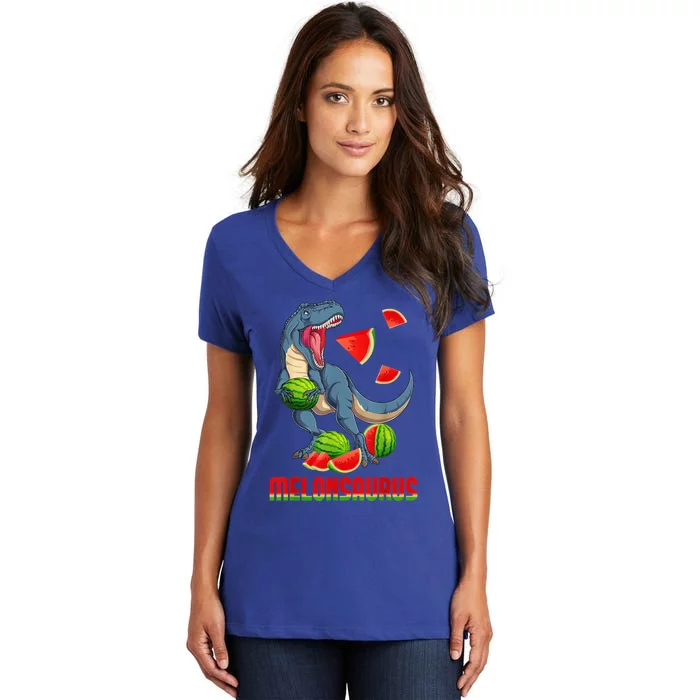 Funny Melonsaurus Watermelon Dinosaur Summer Tropical Fruits Women's V-Neck T-Shirt