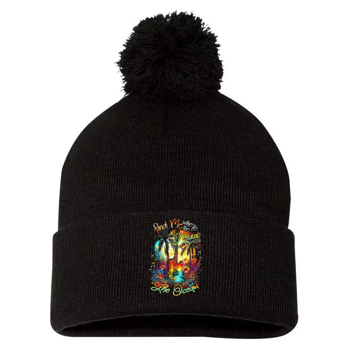 Find Me Where The Music Meets The Ocean Fun Gifts Pom Pom 12in Knit Beanie