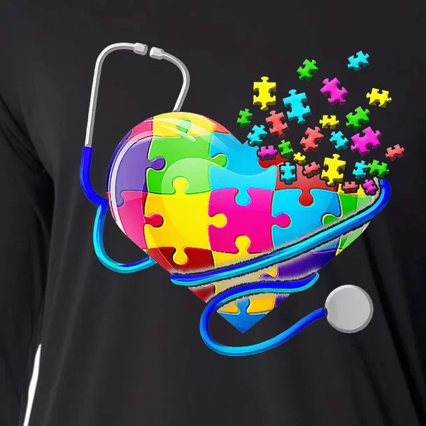 Funny Nurse Autism Puzzle Stethoscope Heart Cooling Performance Long Sleeve Crew