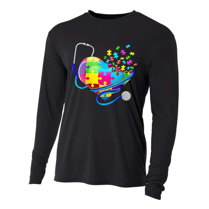 Funny Nurse Autism Puzzle Stethoscope Heart Cooling Performance Long Sleeve Crew