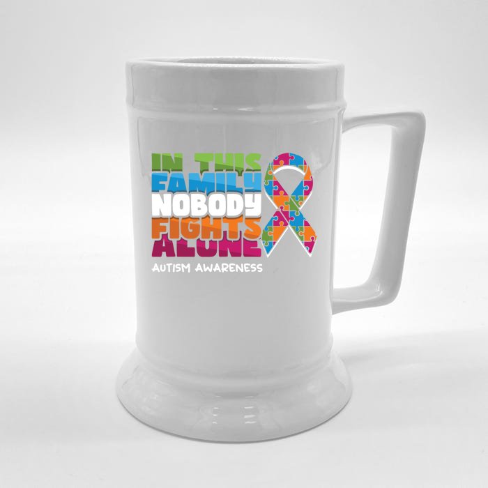 Family Nobody Alone April Ribbon Educate Autism Awareness Gift Front & Back Beer Stein