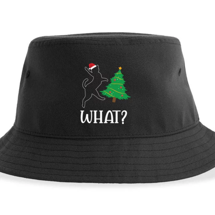 Funny Naughty Black Cat Pushing Christmas Tree Over Cat What Sustainable Bucket Hat