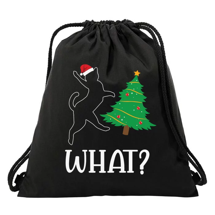 Funny Naughty Black Cat Pushing Christmas Tree Over Cat What Drawstring Bag