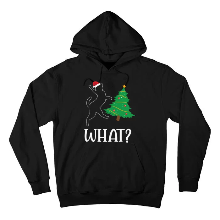 Funny Naughty Black Cat Pushing Christmas Tree Over Cat What Tall Hoodie