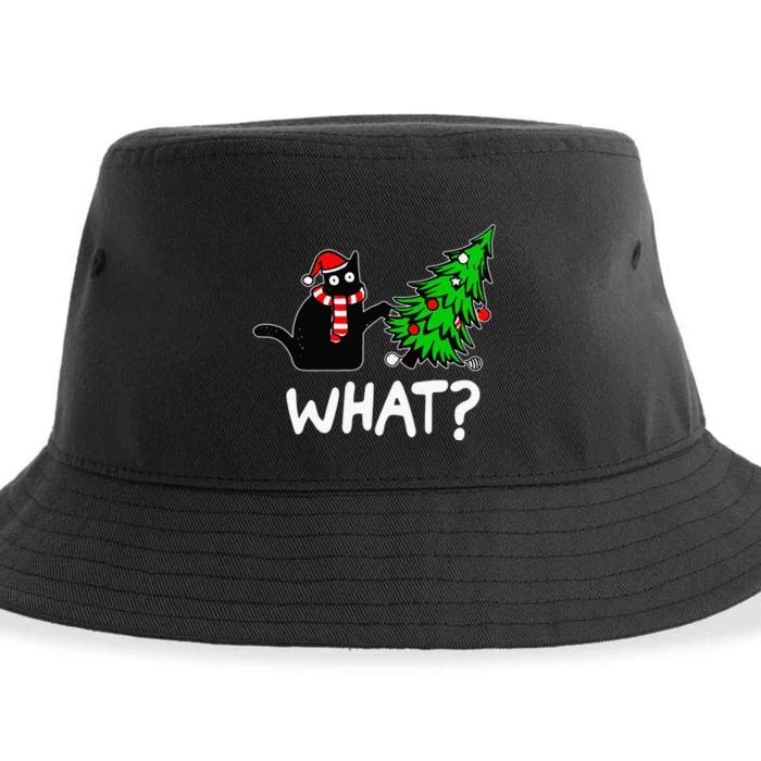 Funny Naughty Black Cat Pushing Christmas Tree Over Cat What Sustainable Bucket Hat