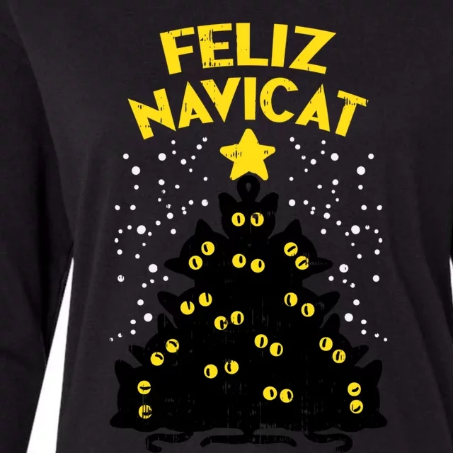 Feliz Navicat Black Cat Christmas Tree Fun Mexican Xmas Gift Funny Gift Womens Cotton Relaxed Long Sleeve T-Shirt