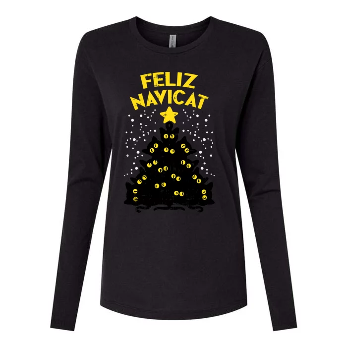 Feliz Navicat Black Cat Christmas Tree Fun Mexican Xmas Gift Funny Gift Womens Cotton Relaxed Long Sleeve T-Shirt