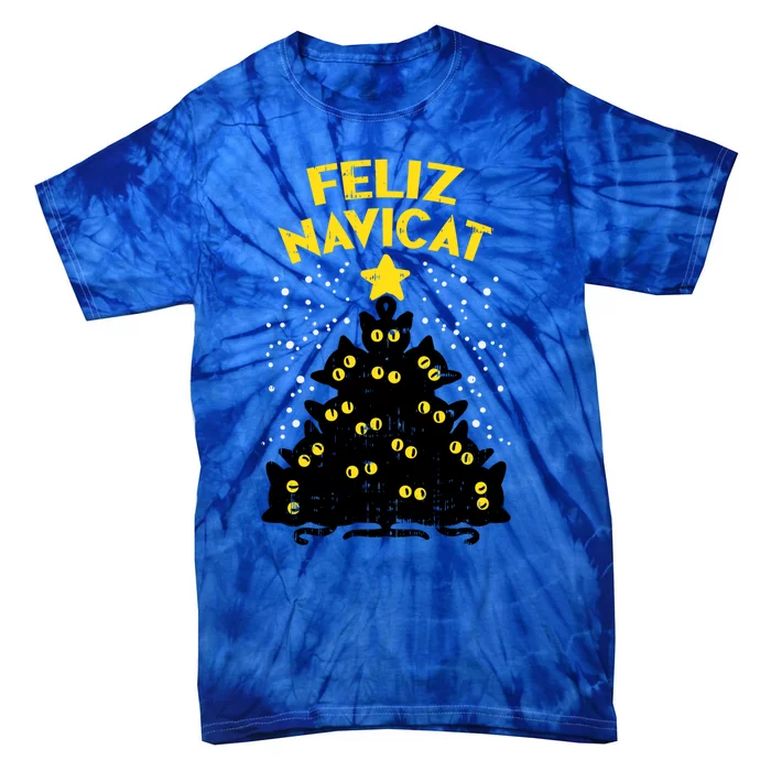 Feliz Navicat Black Cat Christmas Tree Fun Mexican Xmas Gift Funny Gift Tie-Dye T-Shirt