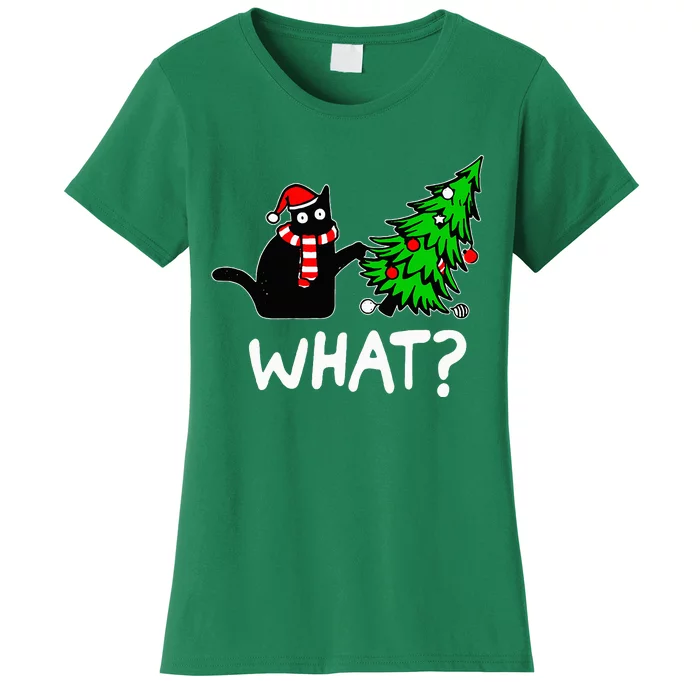 Funny Naughty Black Cat Pushing Christmas Tree Over Cat What Women's T-Shirt