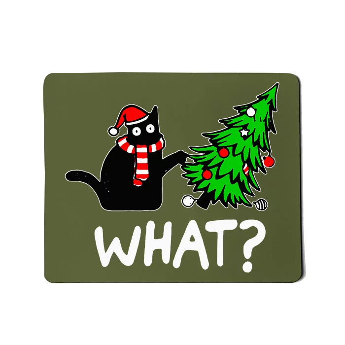 Funny Naughty Black Cat Pushing Christmas Tree Over Cat What Mousepad