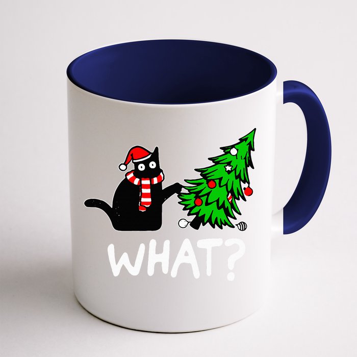 Funny Naughty Black Cat Pushing Christmas Tree Over Cat What Front & Back Coffee Mug