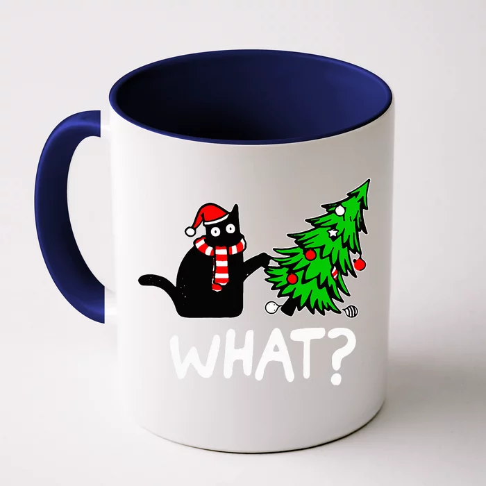 Funny Naughty Black Cat Pushing Christmas Tree Over Cat What Front & Back Coffee Mug