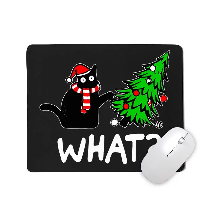 Funny Naughty Black Cat Pushing Christmas Tree Over Cat What Mousepad