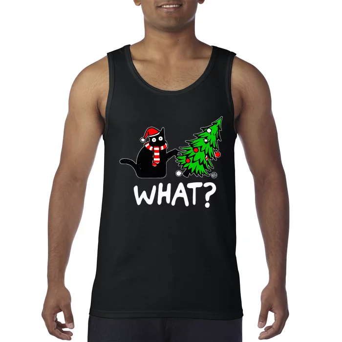 Funny Naughty Black Cat Pushing Christmas Tree Over Cat What Tank Top