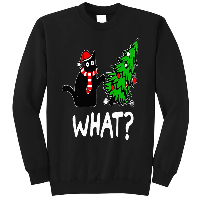 Funny Naughty Black Cat Pushing Christmas Tree Over Cat What Tall Sweatshirt