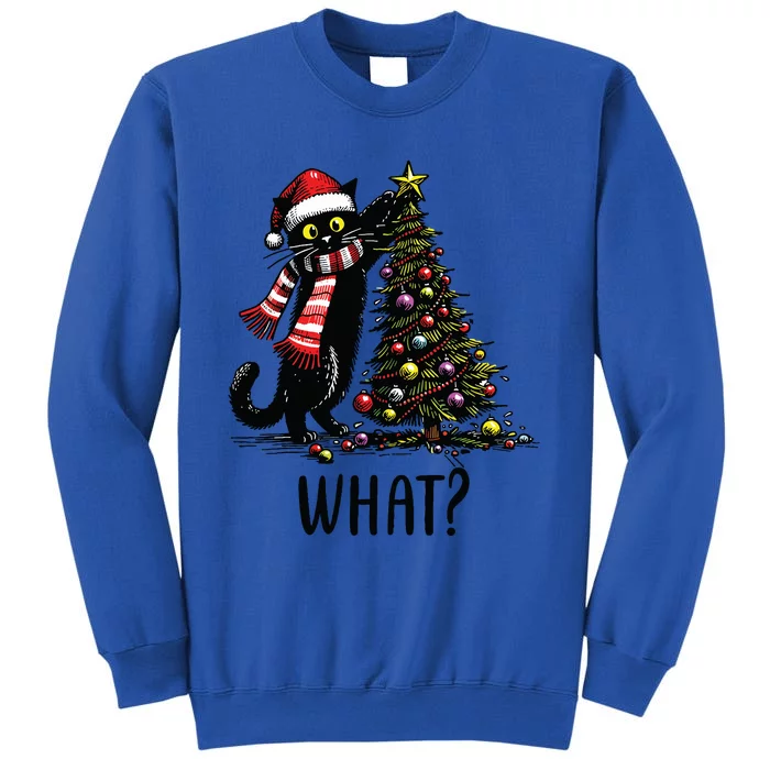 Funny Naughty Black Cat Pushing Christmas Tree Over Cat What Tall Sweatshirt