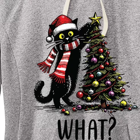 Funny Naughty Black Cat Pushing Christmas Tree Over Cat What Women's Fleece Hoodie