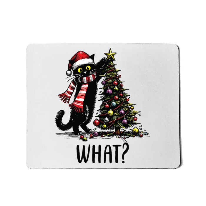 Funny Naughty Black Cat Pushing Christmas Tree Over Cat What Mousepad