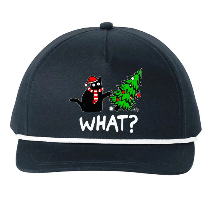 Funny Naughty Black Cat Pushing Christmas Tree Snapback Five-Panel Rope Hat