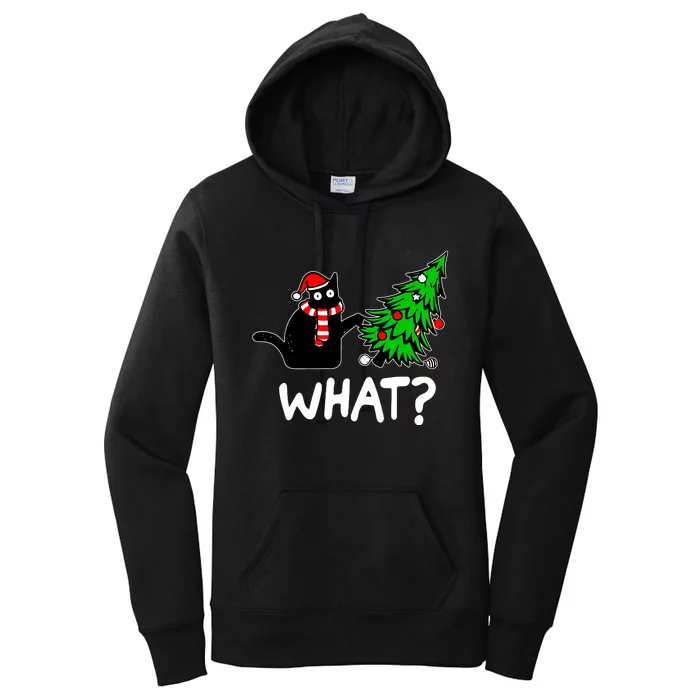 Funny Naughty Black Cat Pushing Christmas Tree Over Cat What Women's Pullover Hoodie