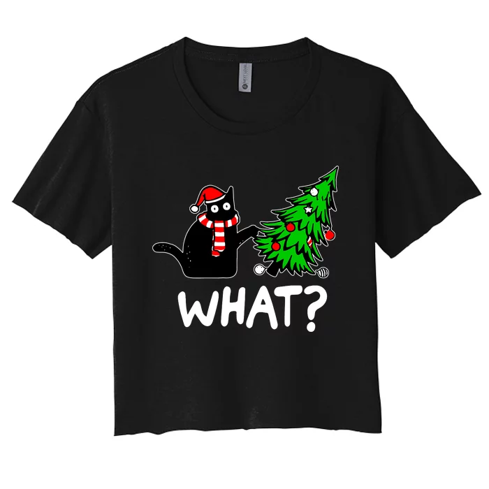 Funny Naughty Black Cat Pushing Christmas Tree Over Cat What Women's Crop Top Tee